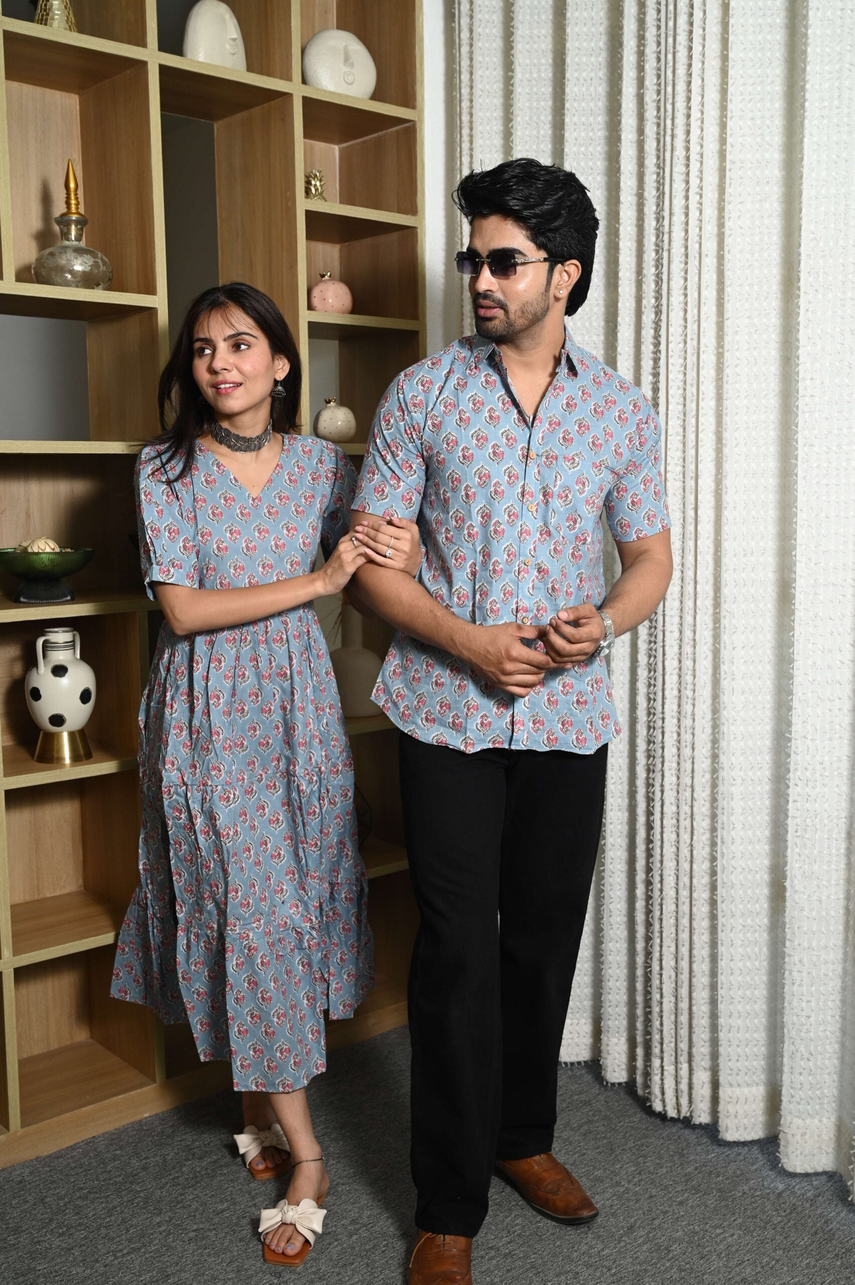 Couple Matching Sky Blue Cotton Anarkali Midi Dress and Shirt Set ? Pink Floral Print