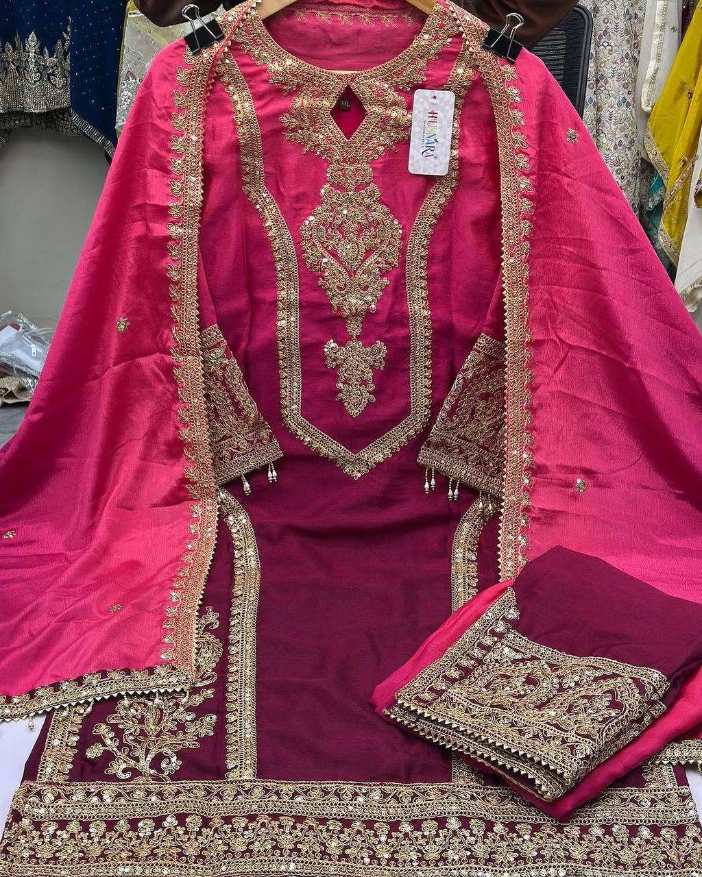 Women's Chinon Silk Embroidery Straight Pakistani Salwar Suit and Dupatta