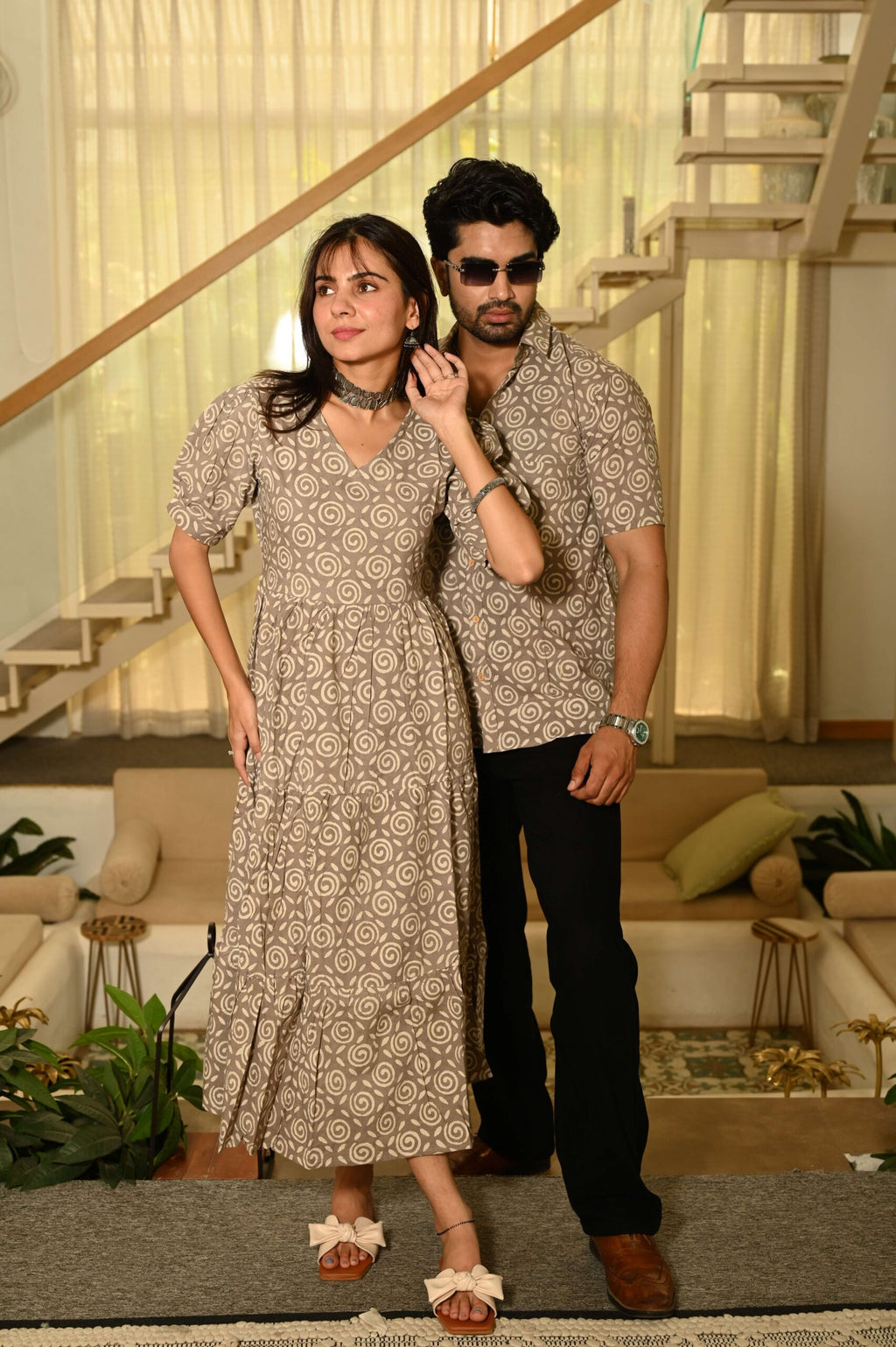 Couple Matching Beige Cotton Anarkali Midi Dress and Shirt Set ? Swirl Block Print