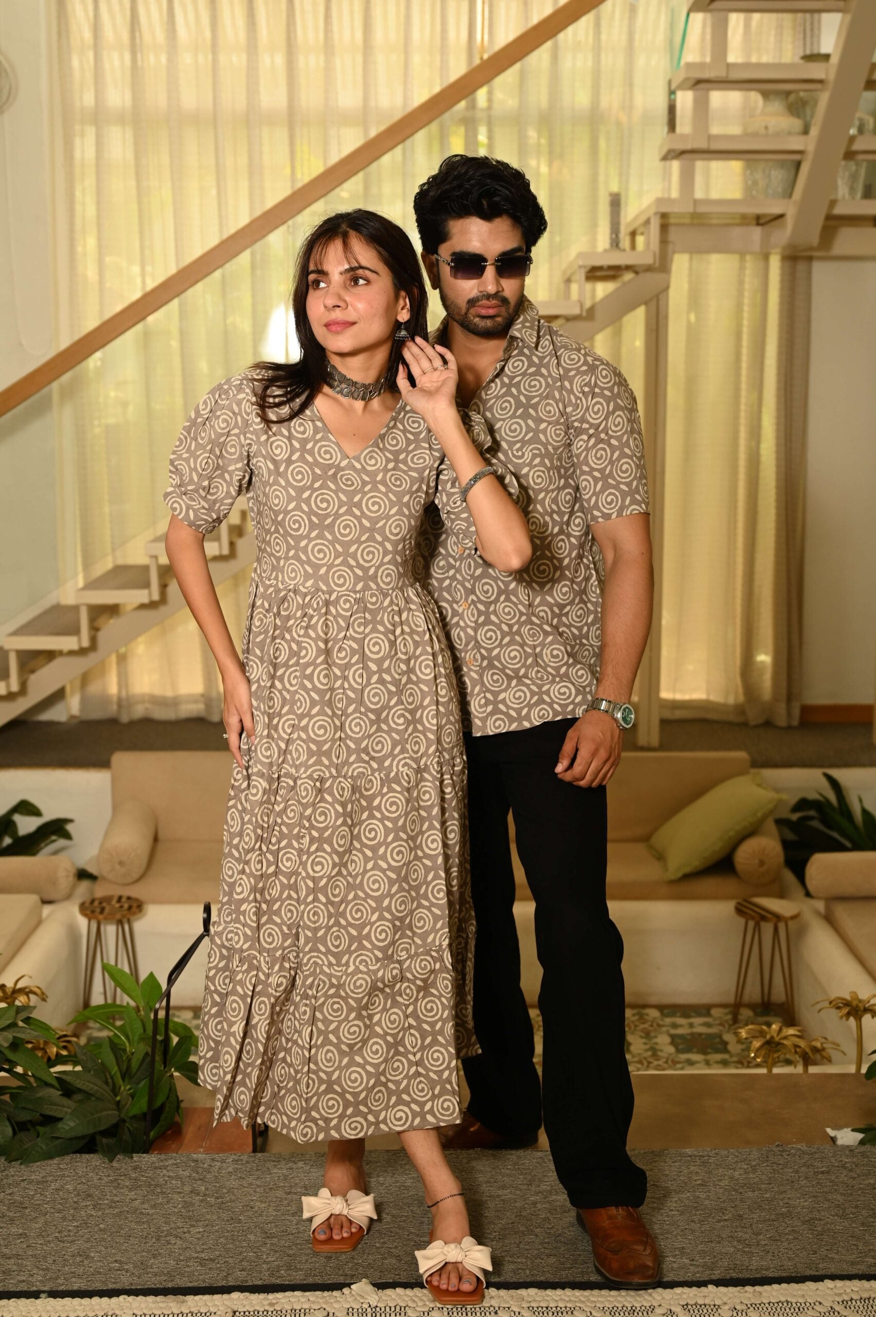 Couple Matching Beige Cotton Anarkali Midi Dress and Shirt Set ? Swirl Block Print