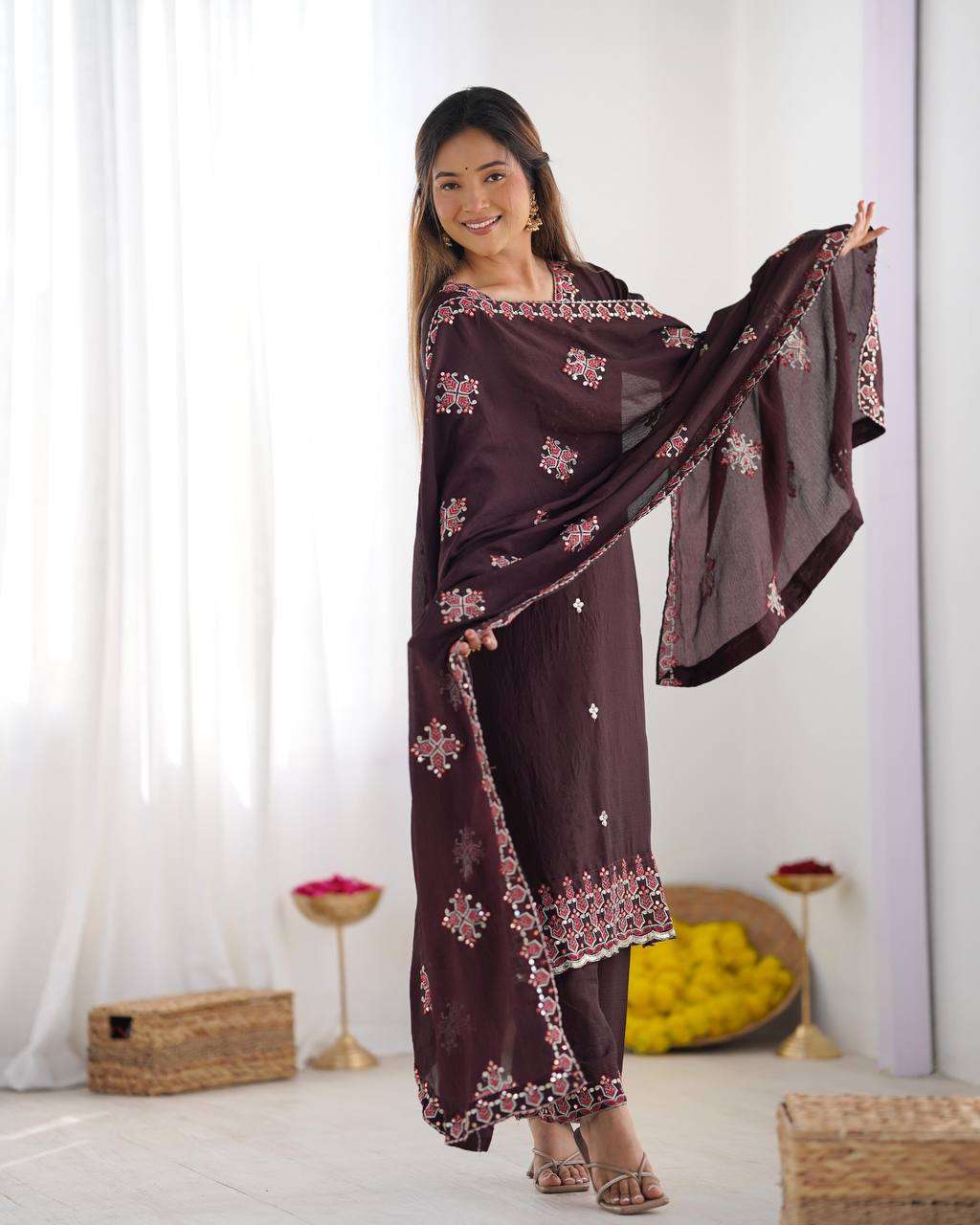 Women's Chinnon Silk Embroidery Sequence Work and Lace Work Straight Kurti With Pant and Dupatta