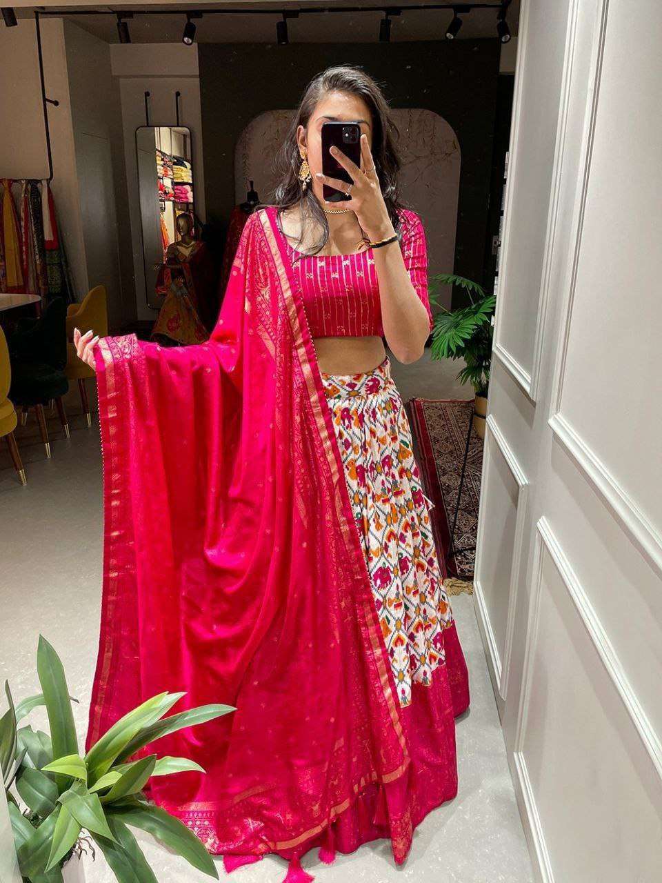 Women's Tussar Silk Patola Print Lehenga Choli Dupatta Set