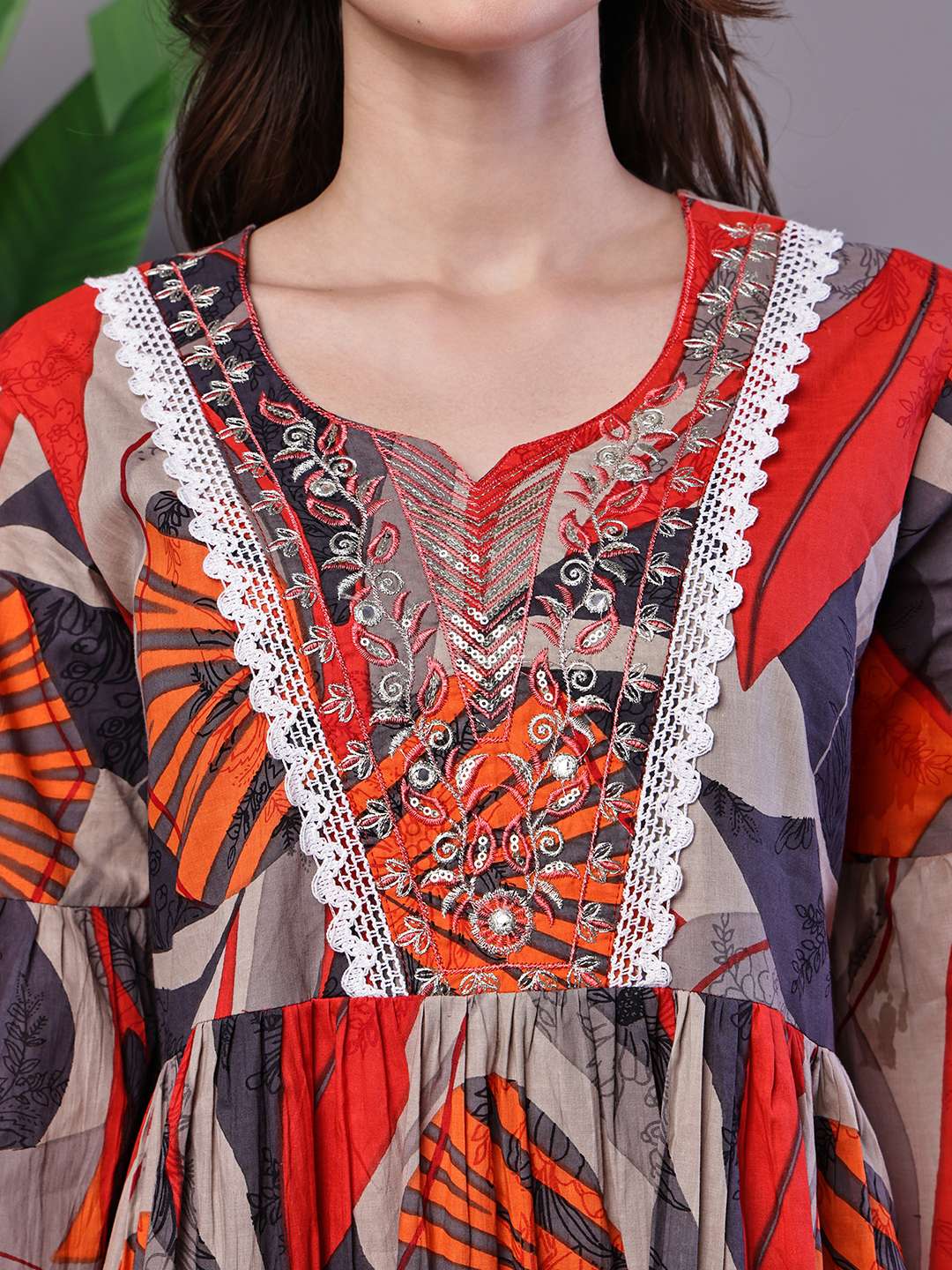 Wome's Multicolor Printed Cotton A-Line Dress with Embroidered Yoke Midi Dresses