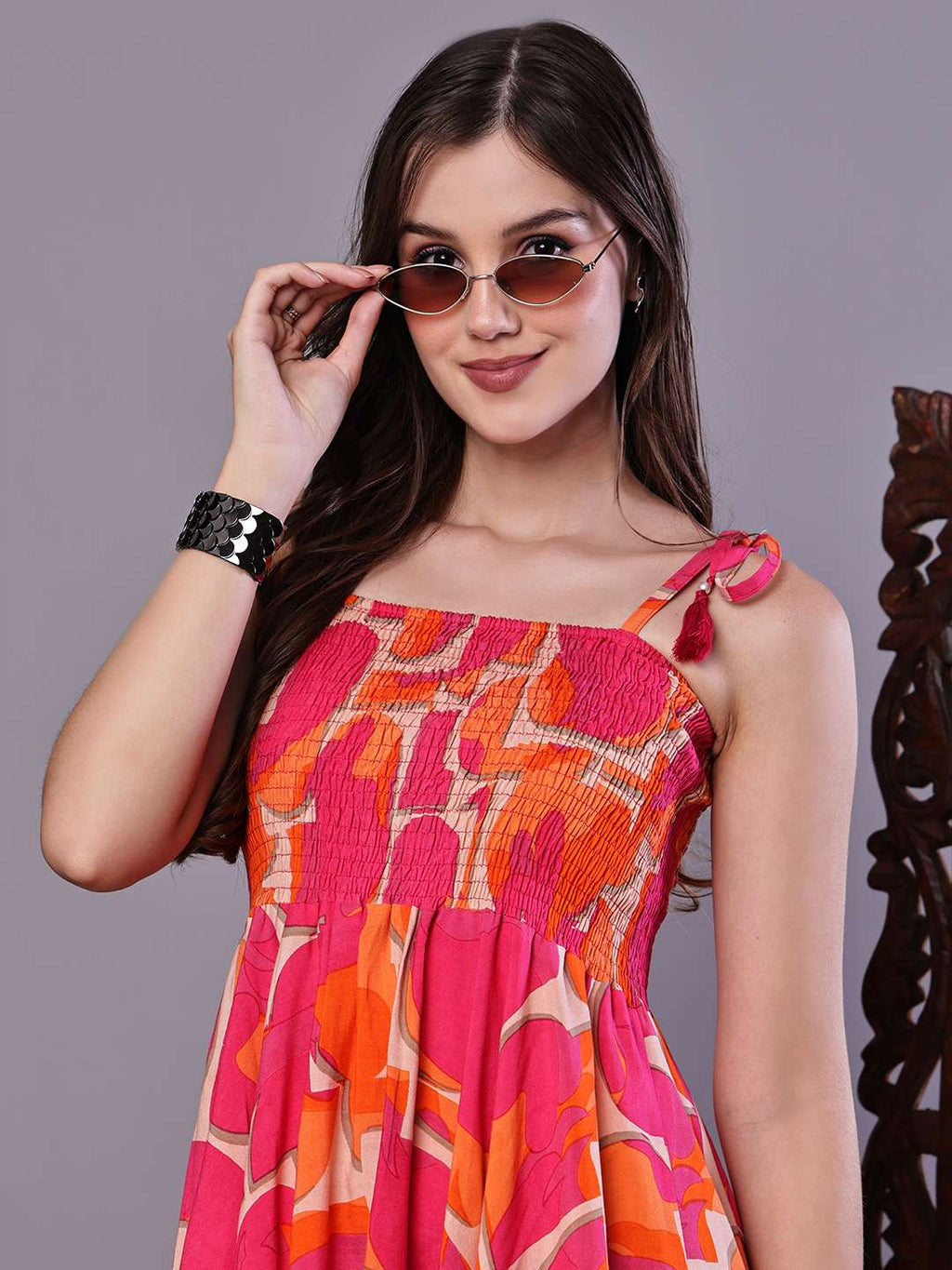 Women's Orange & Pink Printed Cotton Handkerchief Hem Dress Midi Dresses