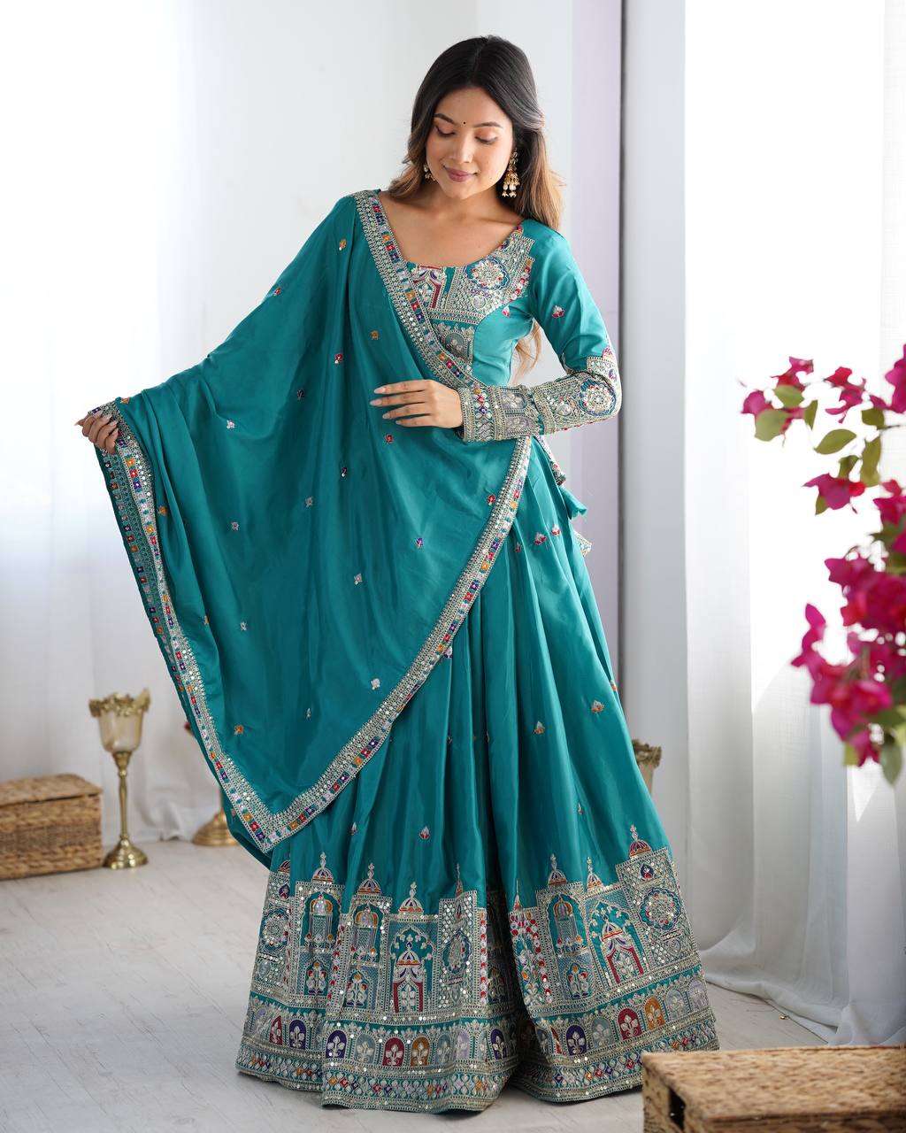 Women's Crepe Silk Sequence Embroidery and Zari Work Rajsthani Lehenga Choli with Dupatta
