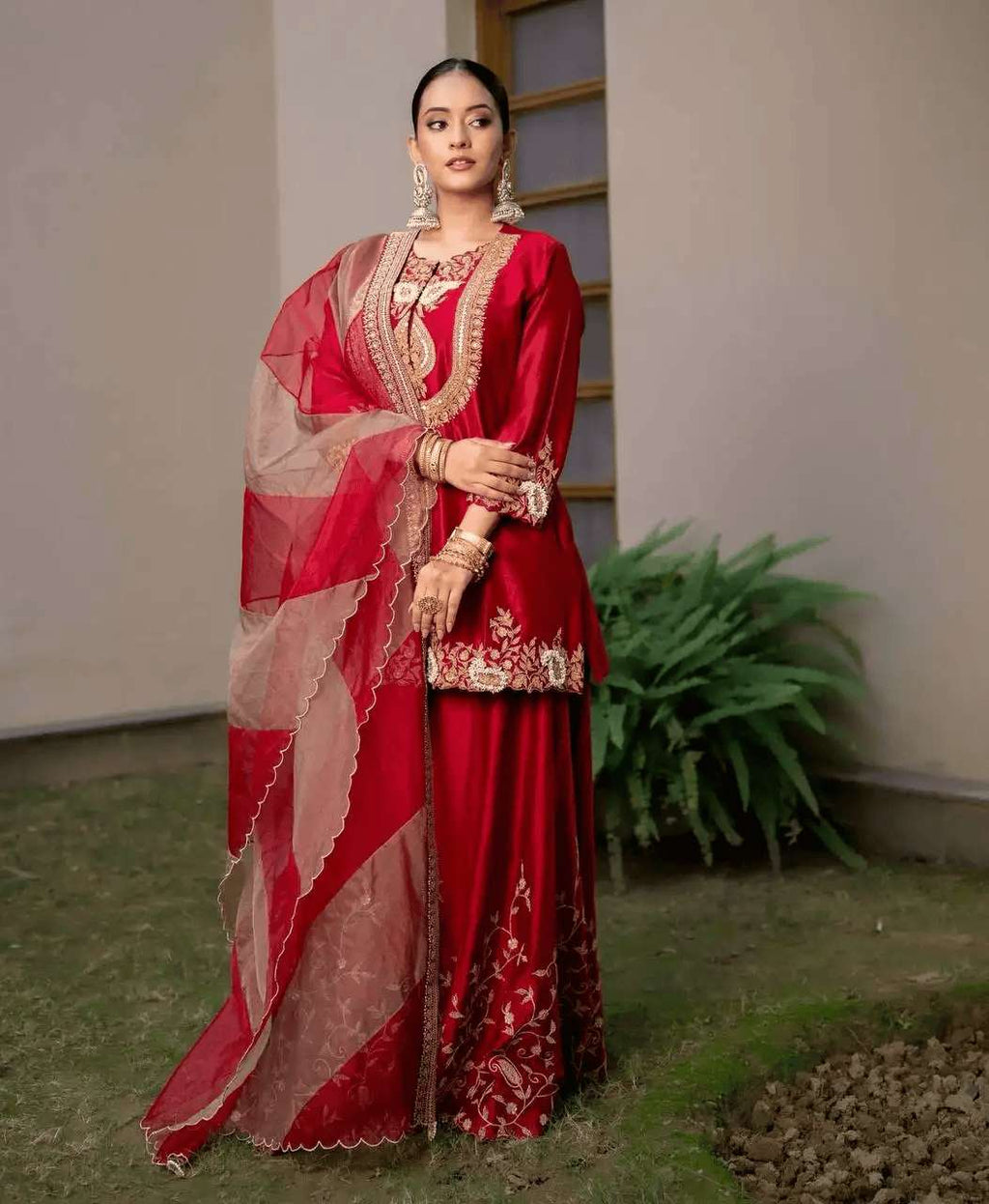 Women's Chinon Silk Sequence Embroidery Work Straight Kurti With Sharara Suit and Dupatta Set