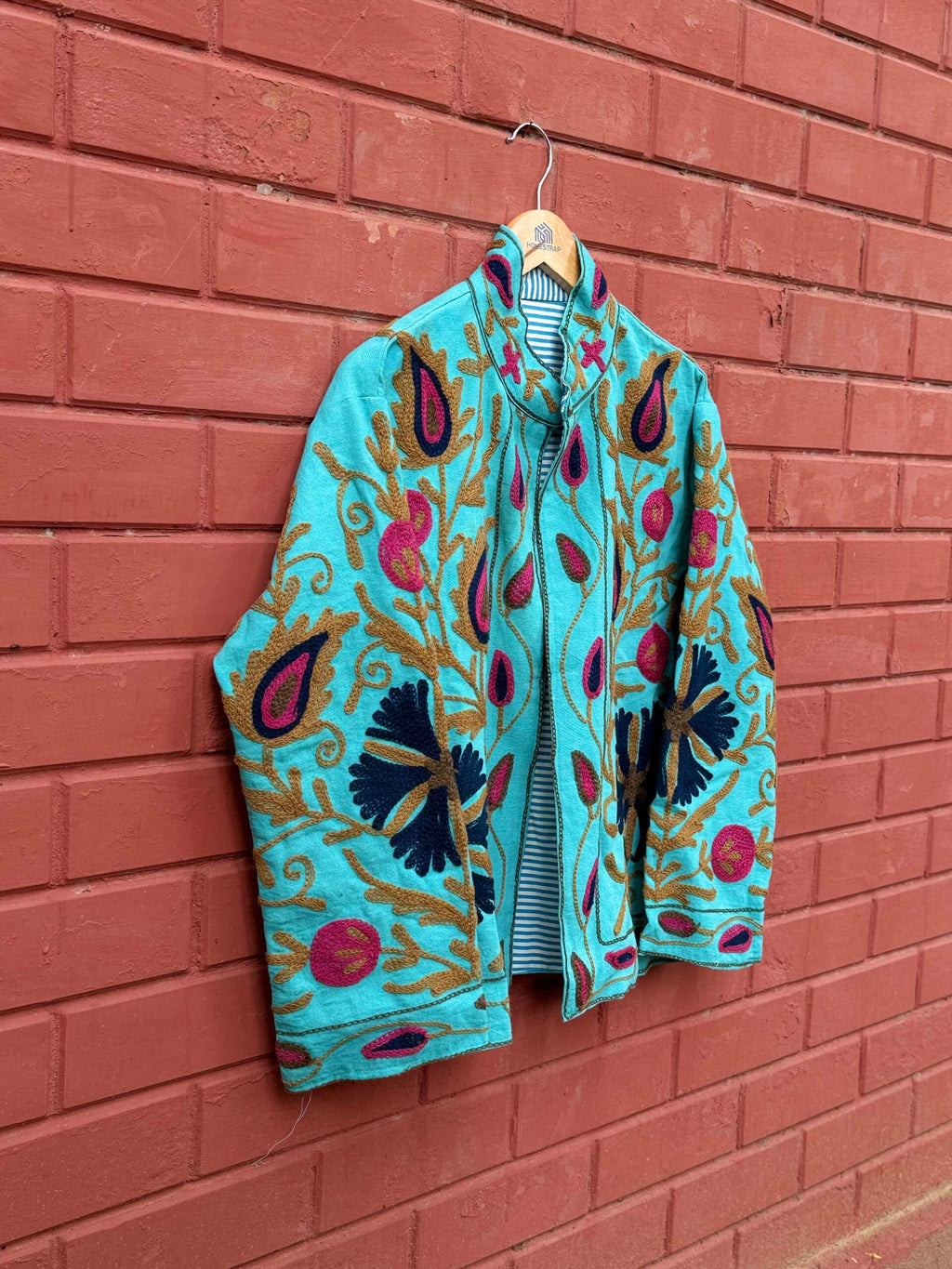 Womens Teal Blue Velvet Embroidered Jacket with Floral Design