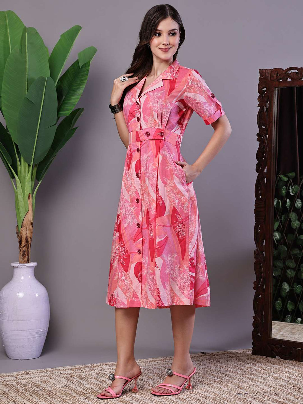 Women's Pink Printed Cotton Midi Shirt Dress