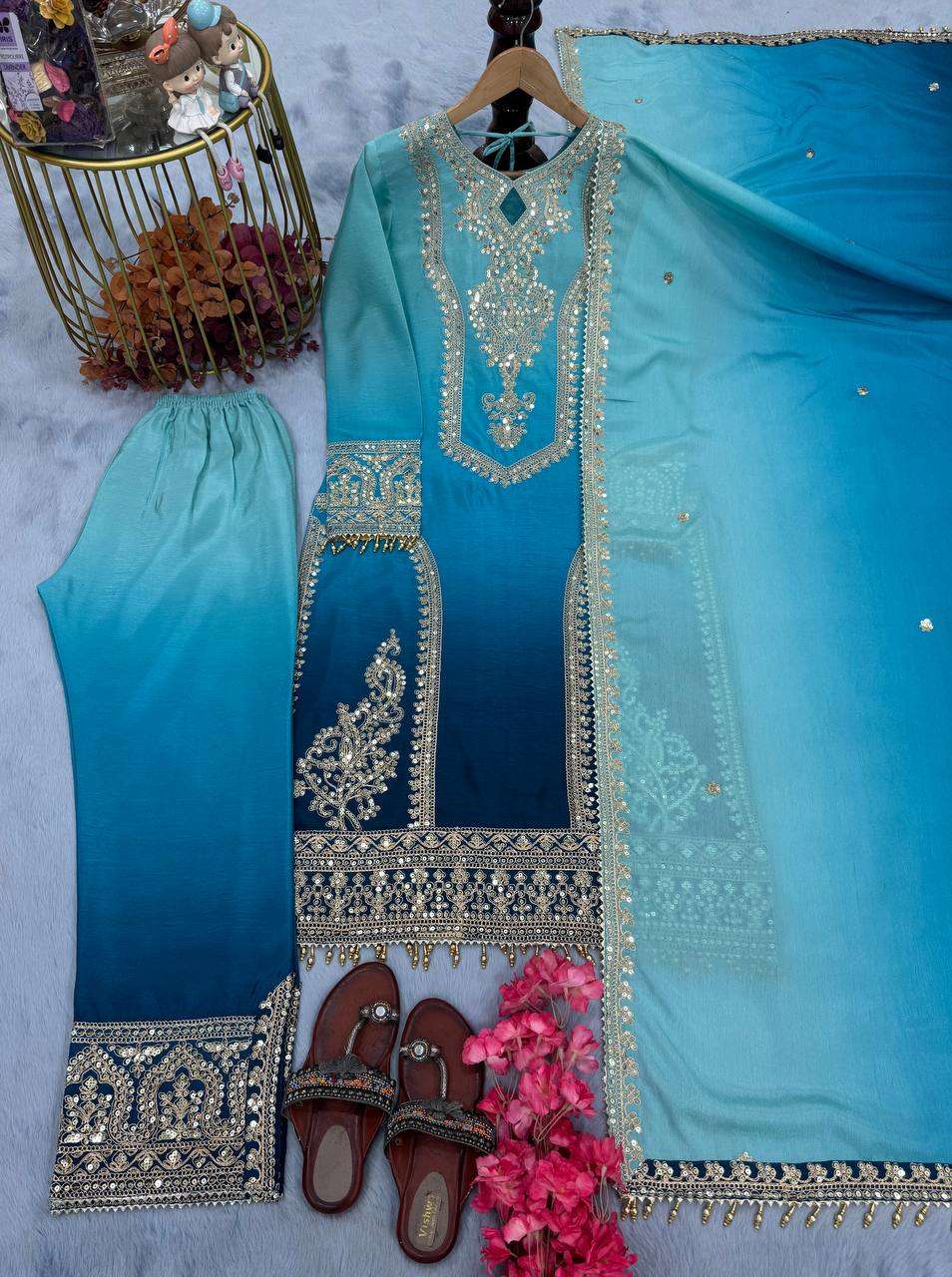 Women's Chinon Silk Embroidery Straight Pakistani Salwar Suit and Dupatta