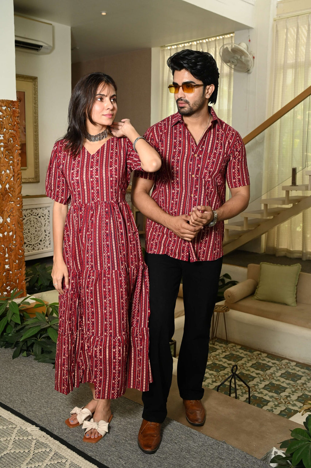 Couple Matching Maroon Cotton Anarkali Midi Dress and Shirt Set ? Vertical Stripe Ethnic Print