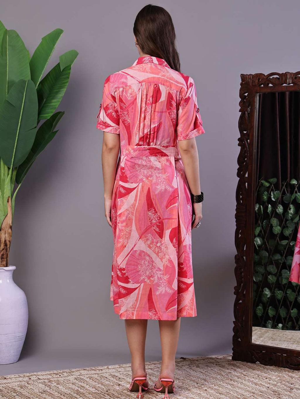 Women's Pink Printed Cotton Midi Shirt Dress