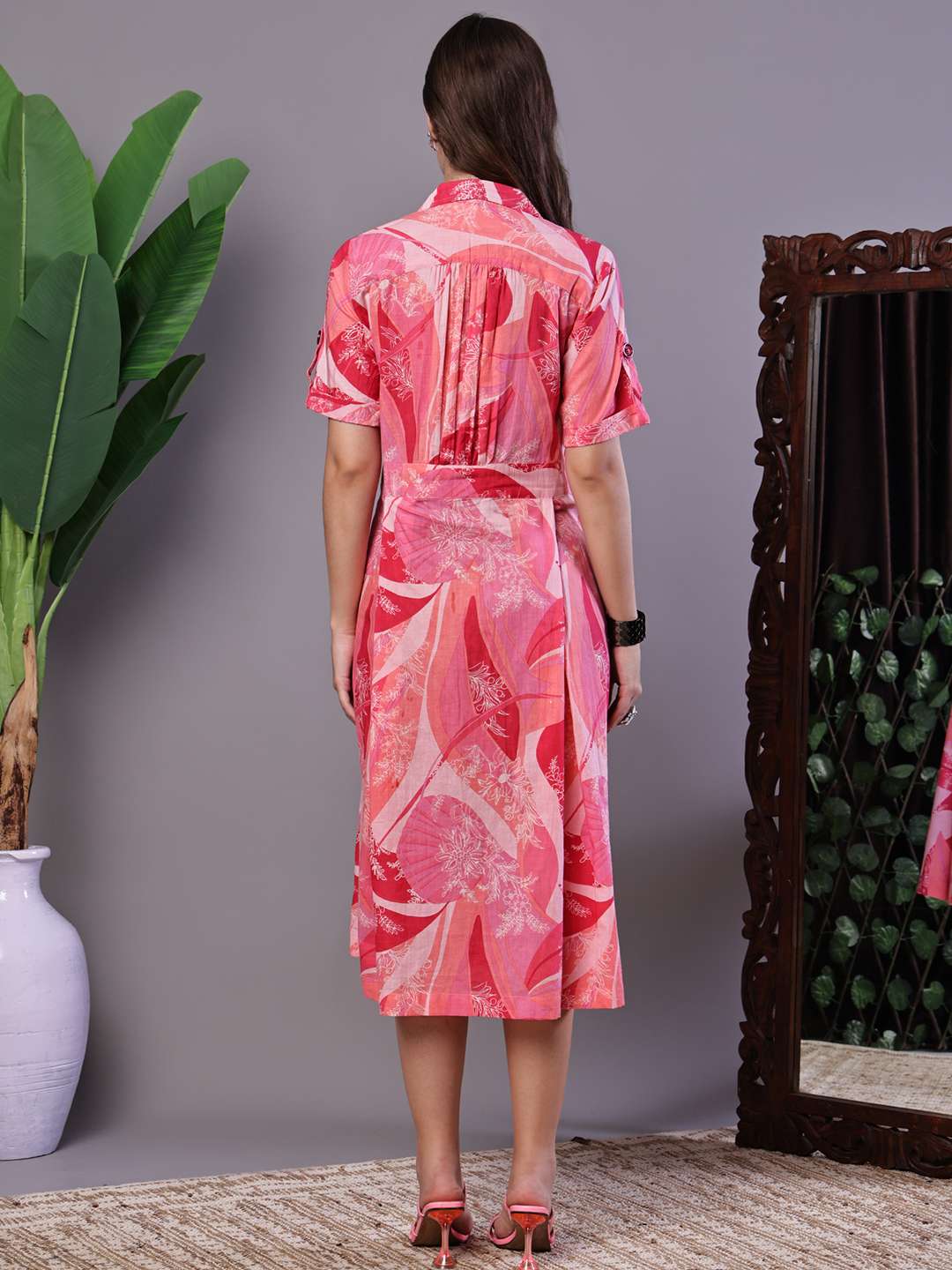 Women's Pink Printed Cotton Midi Shirt Dress