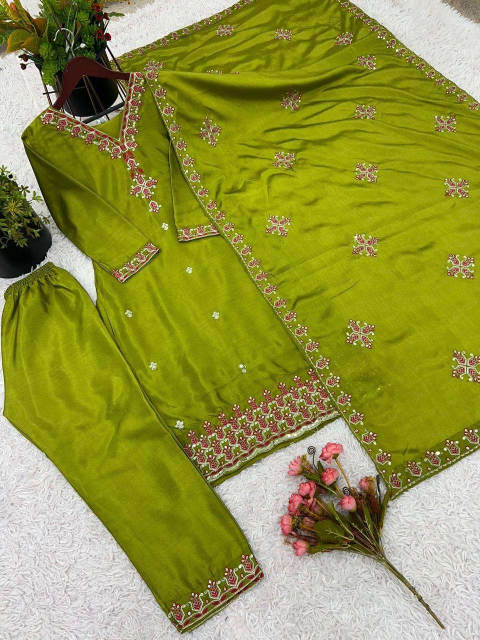 Women's Chinnon Silk Embroidery Sequence Work and Lace Work Straight Kurti With Pant and Dupatta