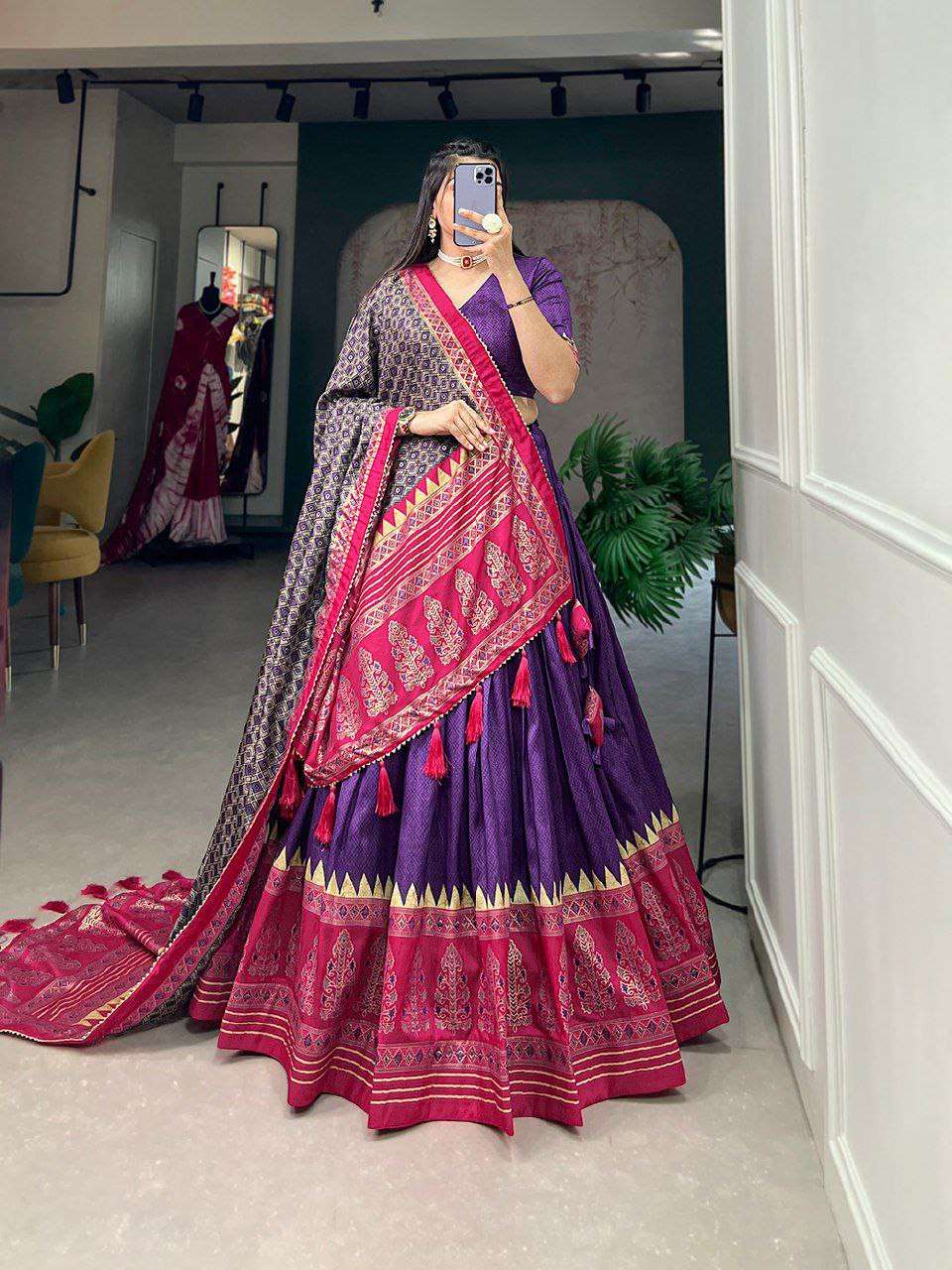 Women's Stitched Ethnic Lehenga Choli with Zari Border and Contrast Dupatta