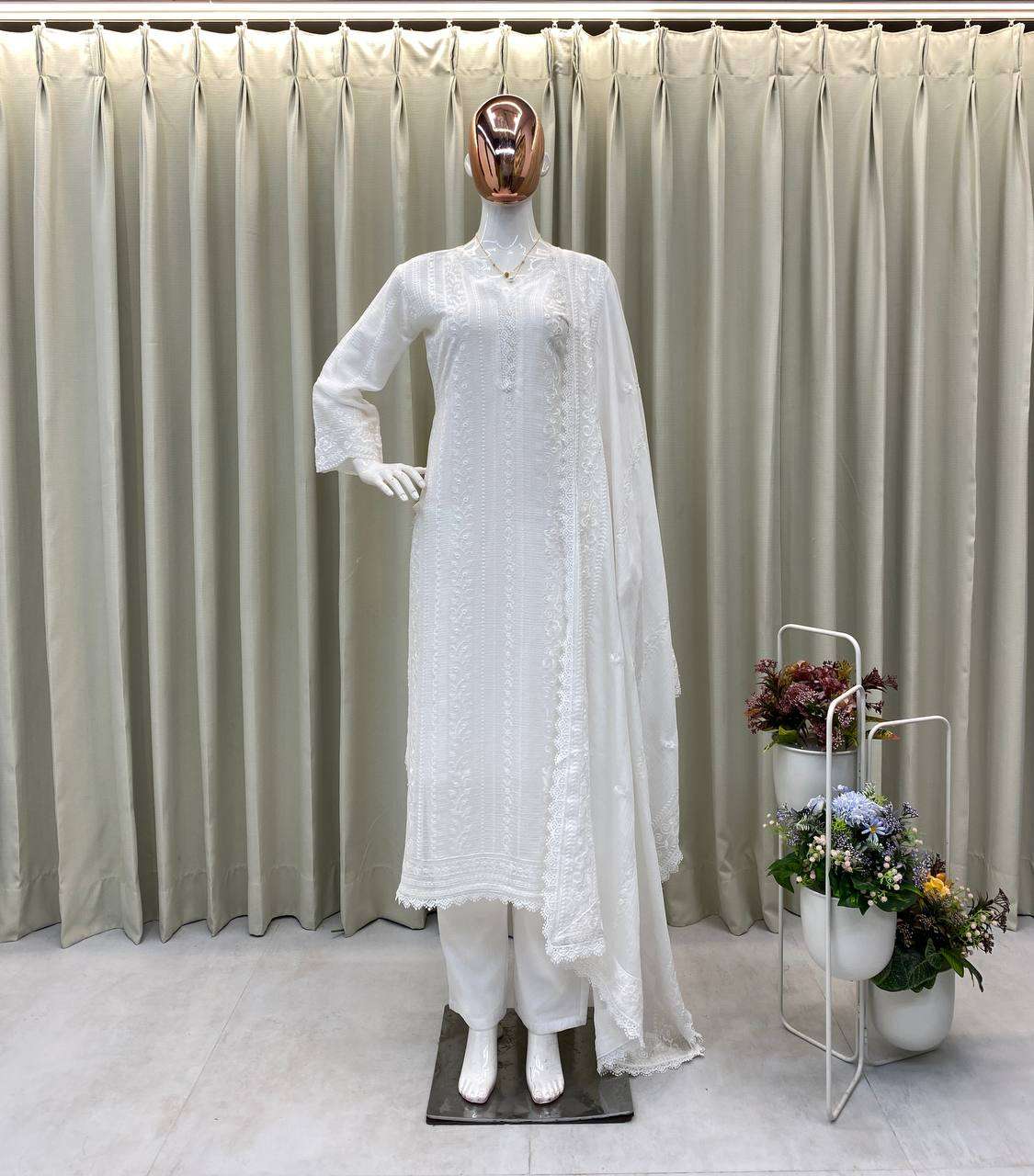 Women's Chinon Silk with Cotton Thread Embroidery Straight Kurti With Pant and Dupatta set