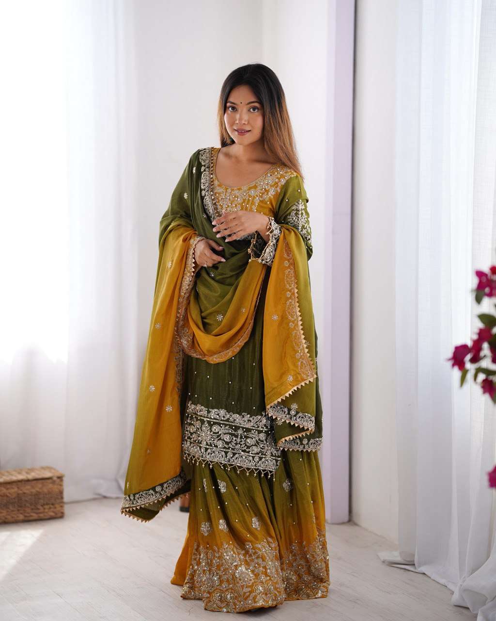 Women's Chinon Silk Sequence With Rivet Moti Work Straight Kurta With Sharara and Dupatta Set