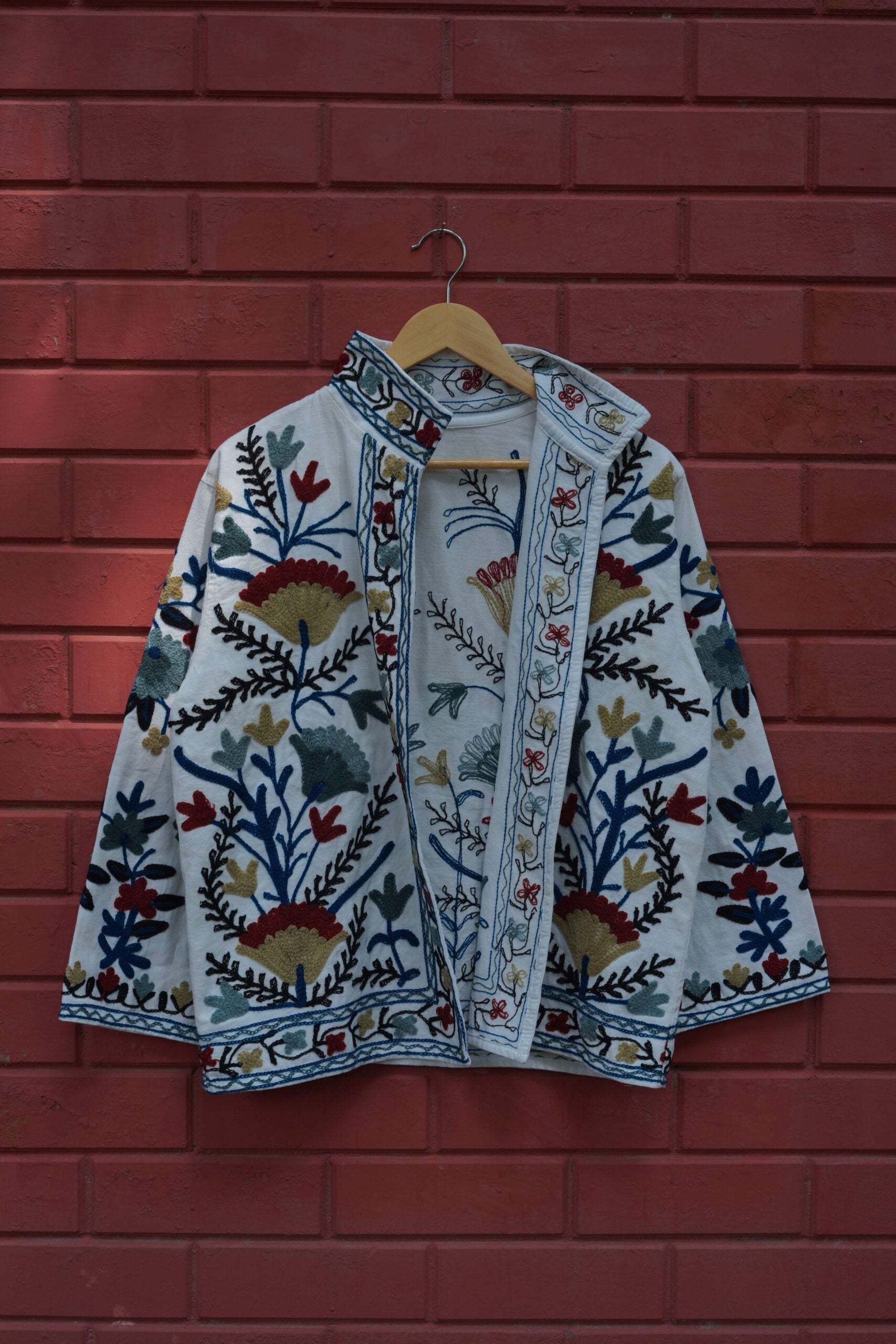Womens White Velvet Embroidered Jacket with Floral Design