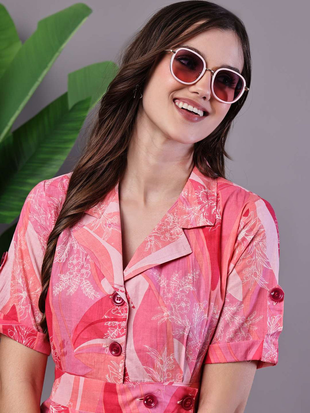 Women's Pink Printed Cotton Midi Shirt Dress