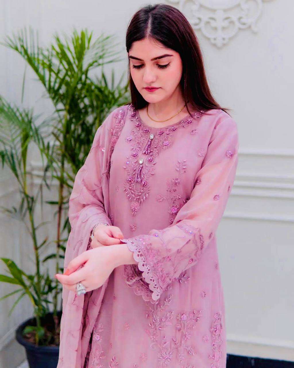 Women's Faux Georgette Embroidery work Straight Kurti With Pant and Dupatta Set