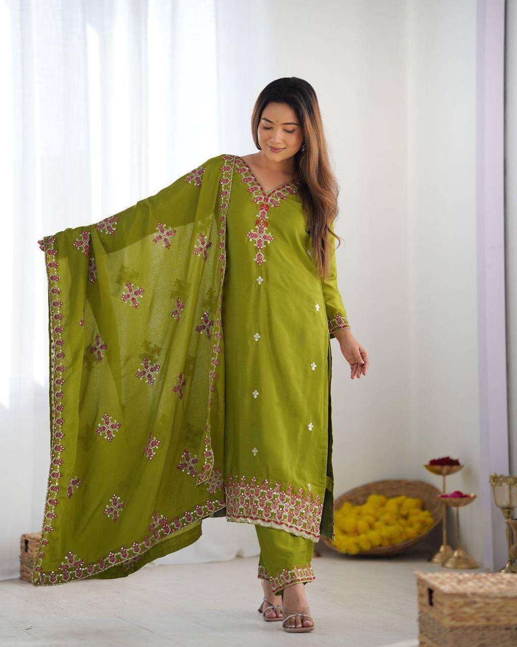 Women's Chinnon Silk Embroidery Sequence Work and Lace Work Straight Kurti With Pant and Dupatta