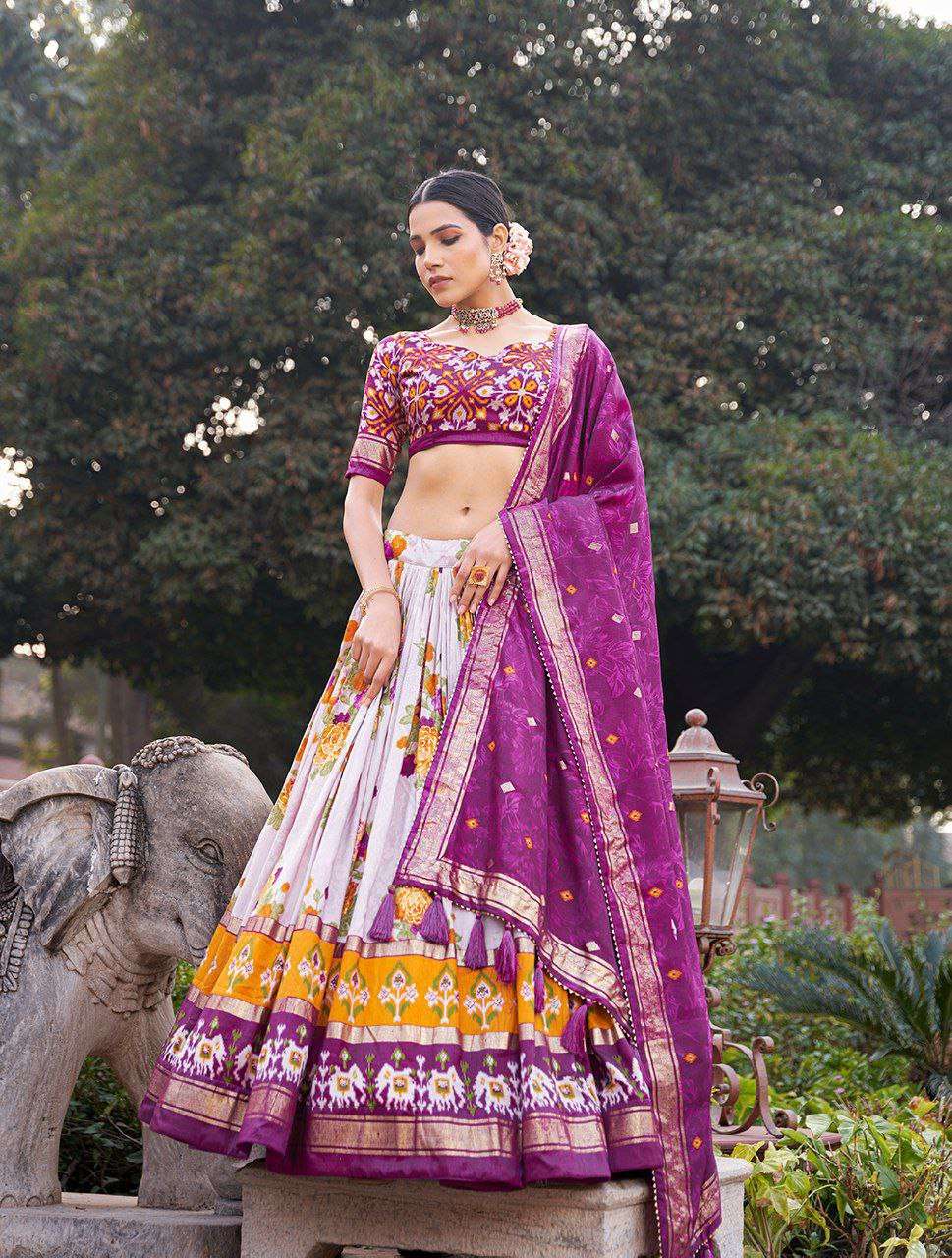Women's Patola Print Tussar Silk Lehenga Choli Dupatta Set