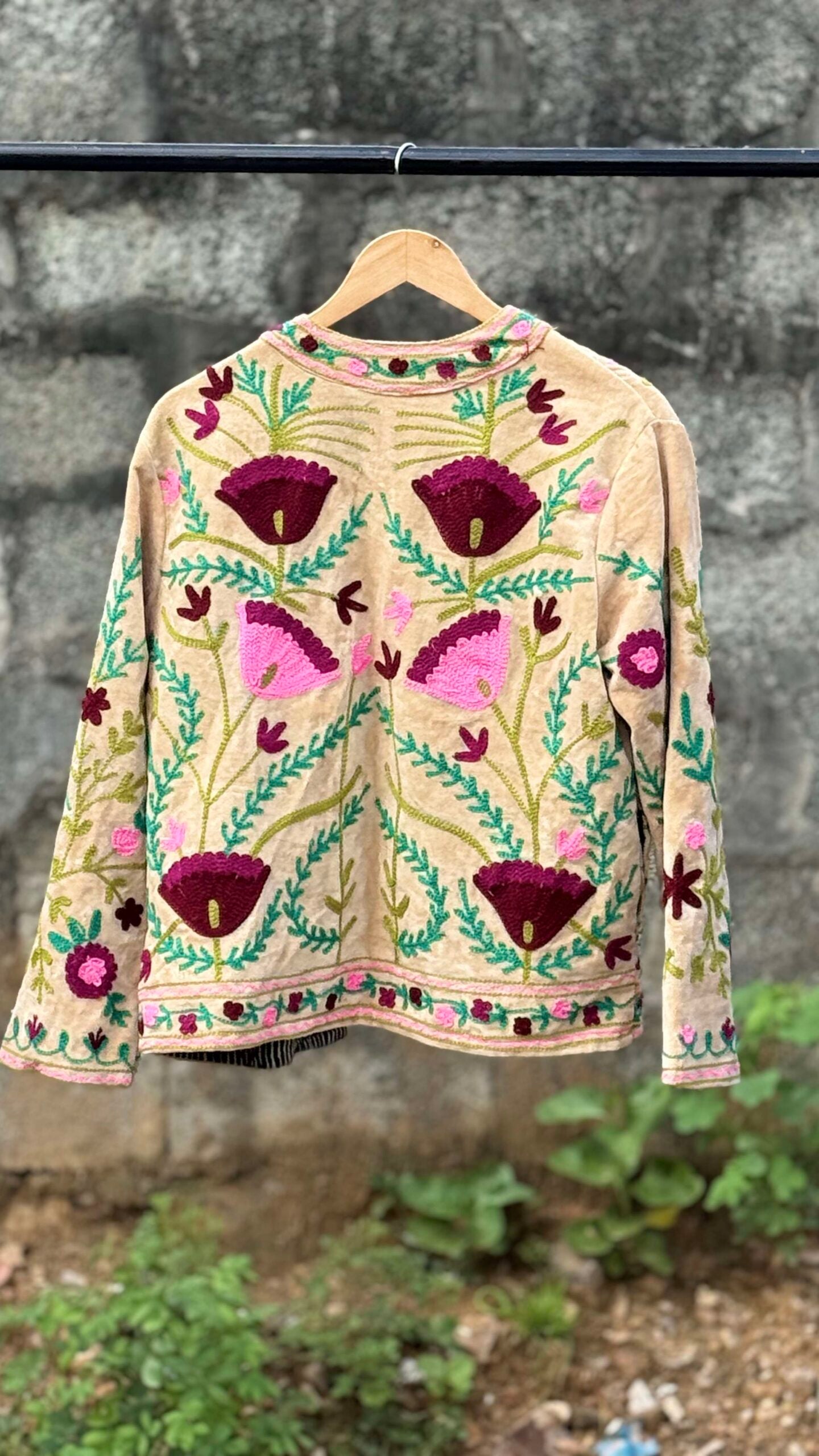 Womens Light Beige Velvet Embroidered Jacket with Floral Design
