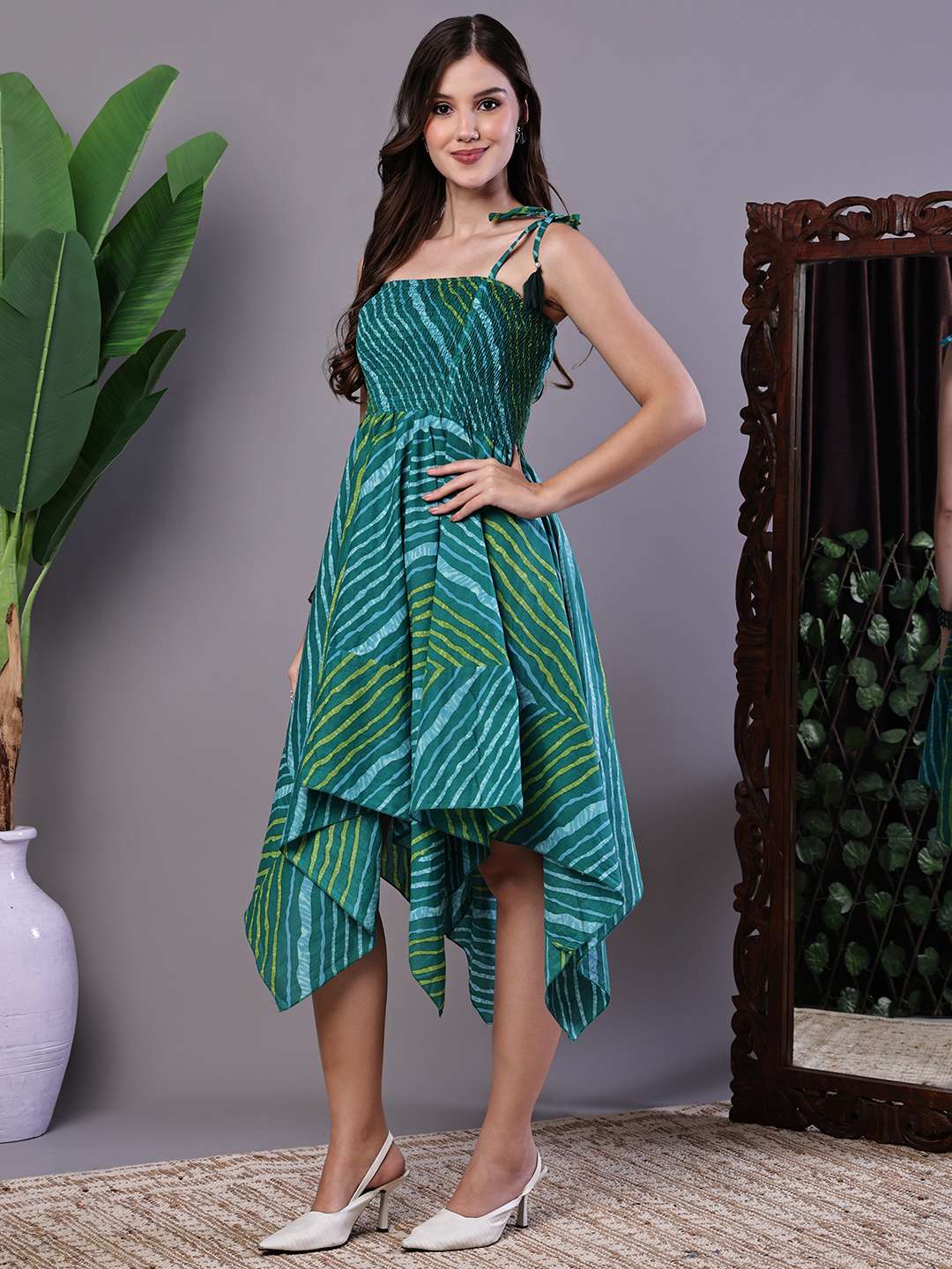 Women's Leheriya Asymmetrical Hem Smocked A-Line Dress Midi Dresses