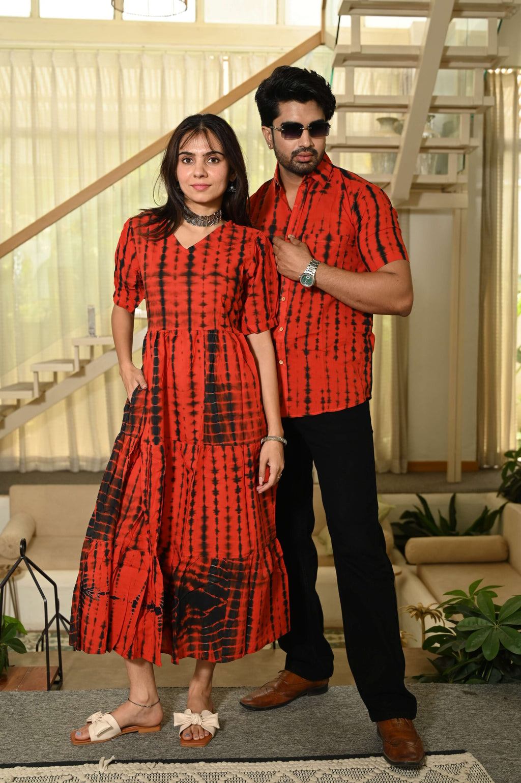 Couple Matching Red Printed Cotton Anarkali Midi Dress & Shirt Set ? Summer Casual Wear