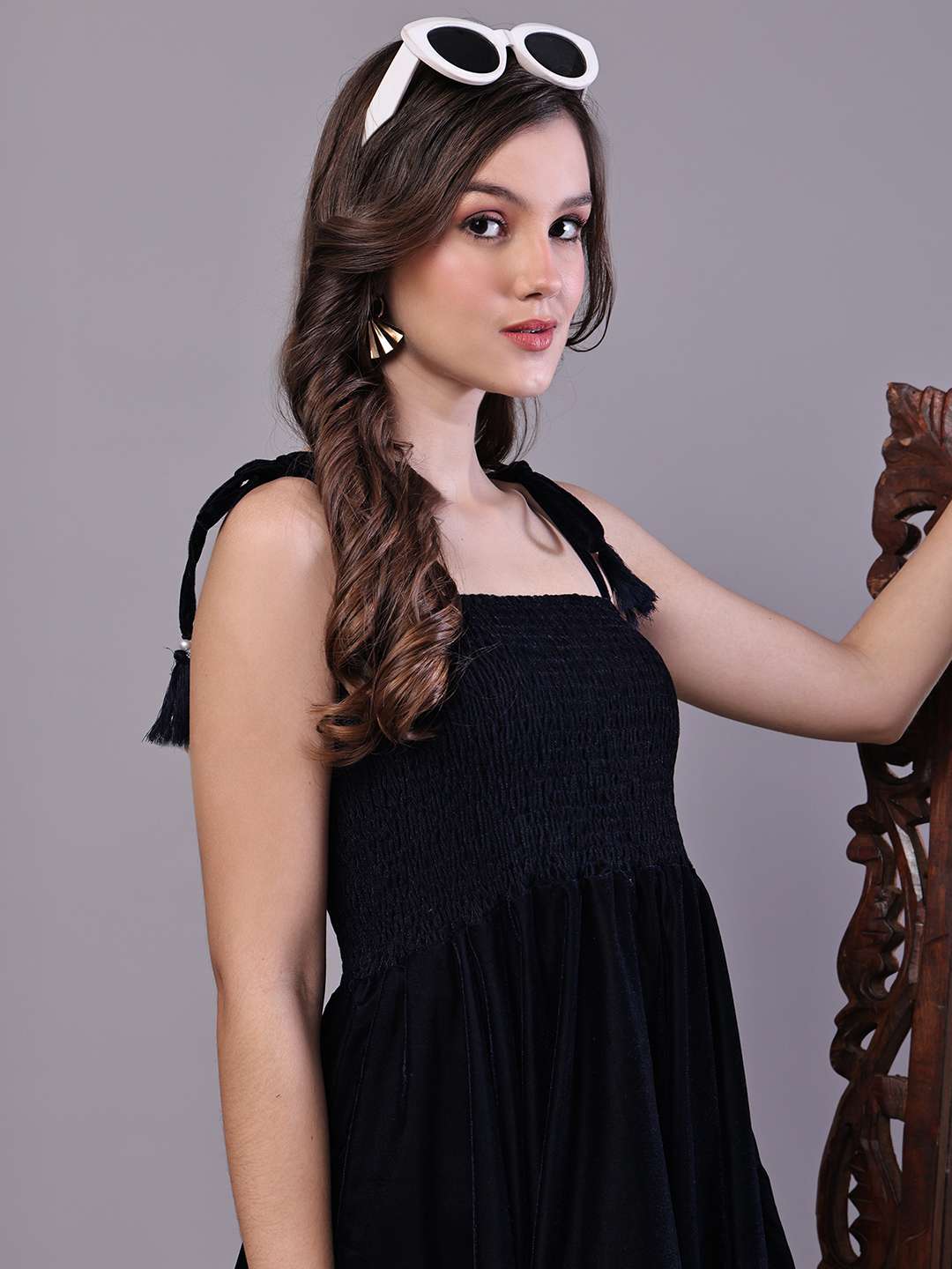 Women's Junglee Black Velvet Party Midi Dress with Asymmetrical Hemline Midi Dresses