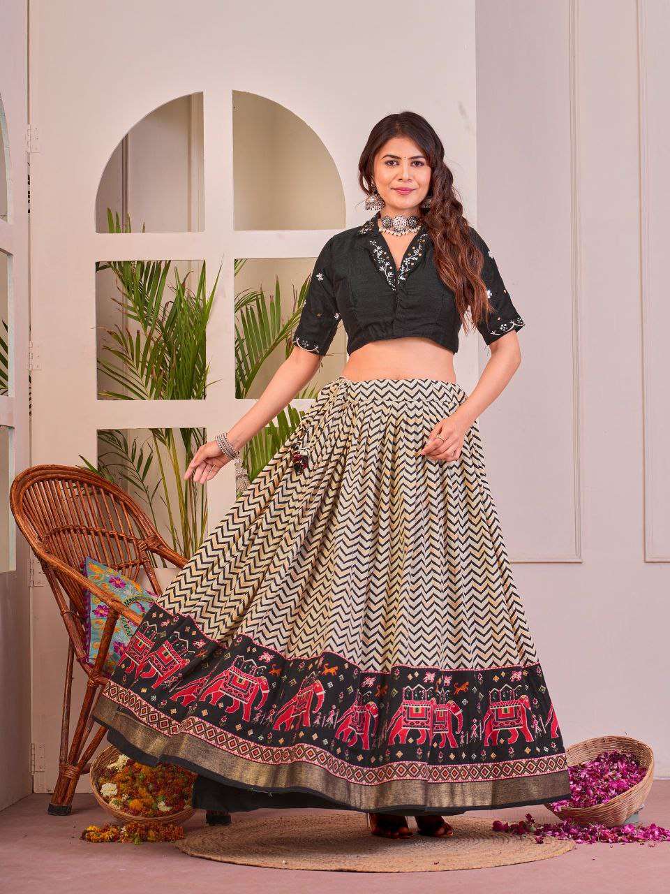 Women's Tussar Silk Patola Print Lehenga Choli Set with Foil Work