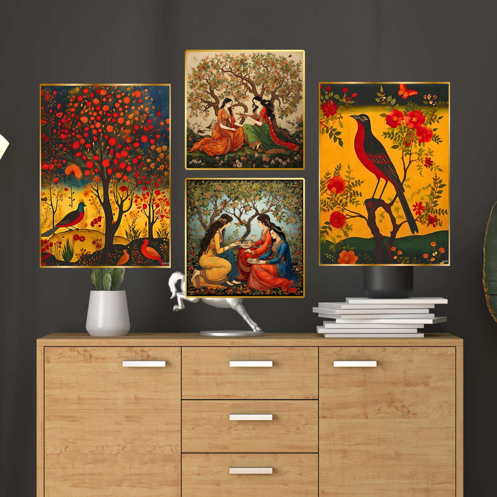 Set of Four Wall Paintings for Wall Dacoration Golden Framed Wall Paintings for Living Room & Bedroom Wall Art for Home Decoration & Office Wall Décor (13x10 inch CH-GD4-13)