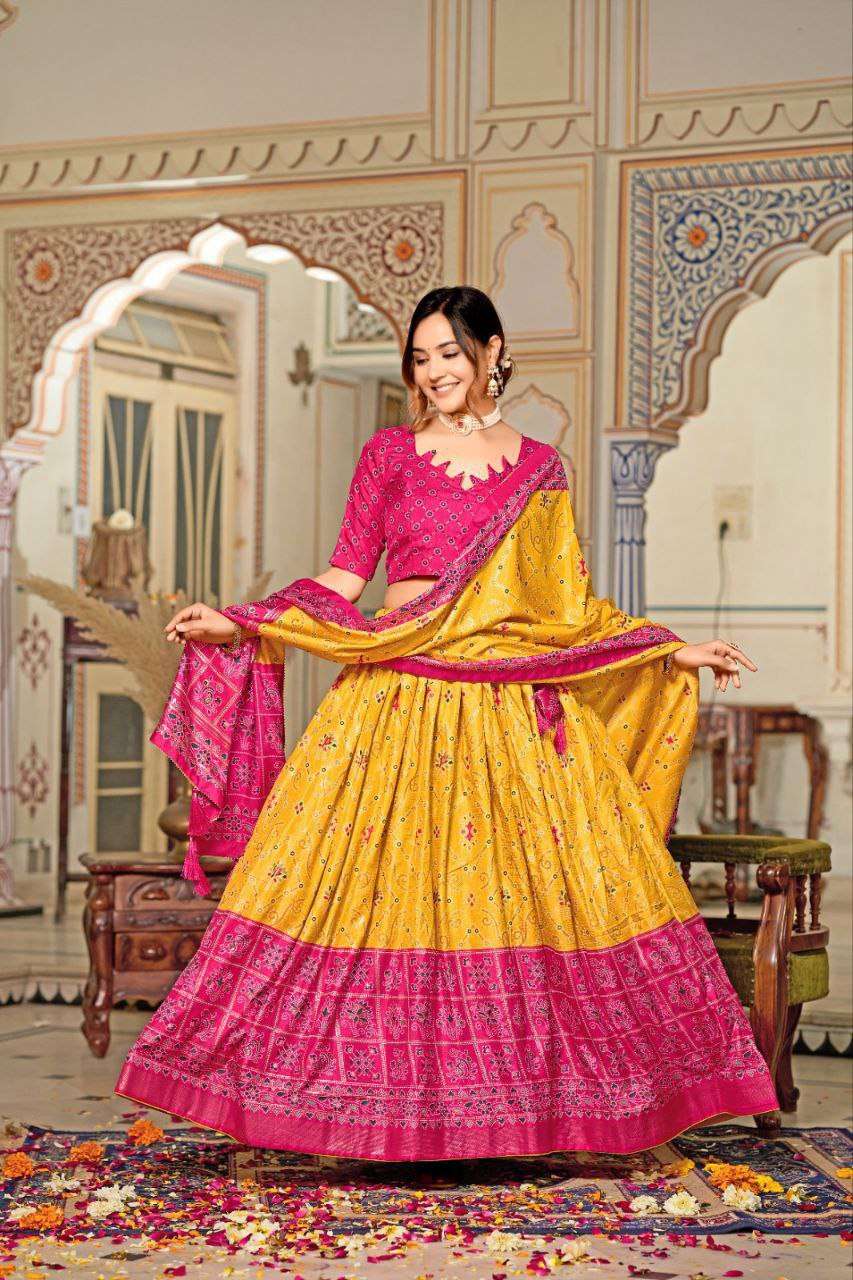 Women's Tussar Silk Patola Print Lehenga Choli Dupatta Set