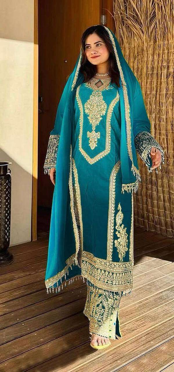 Women's Chinon Silk Embroidery Straight Pakistani Salwar Suit and Dupatta