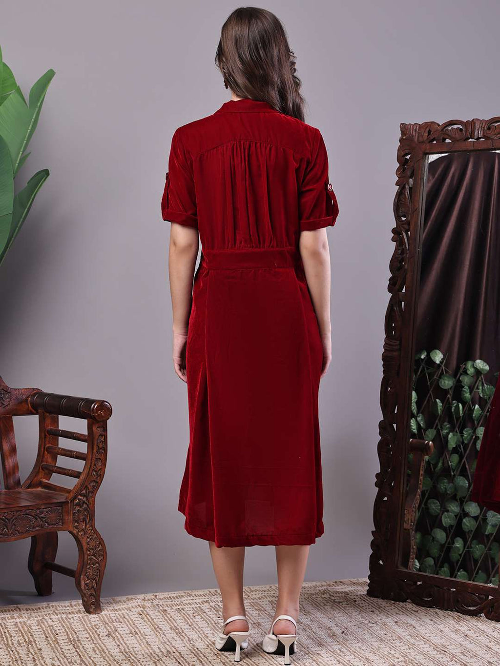 Women's Maroon Velvet Solid Printed Shirt Midi Dress with Belt